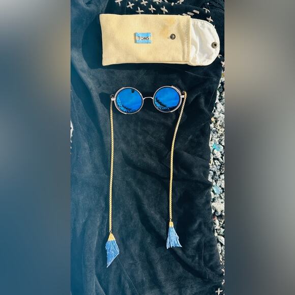Toms Steampunk Gold Chain Sunglasses – Unique Mirrored Blue Rave Festival Style - Picture 2 of 5